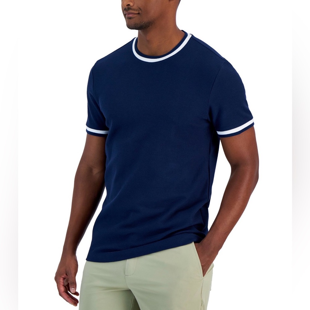 Alfani Navy Short-Sleeve Knit Crew Sweater. NWOT